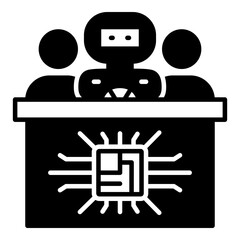 AI Judging Panel or Arbitration Group Glyph Icon. Three People Behind a Bench Featuring an AI Processor Chip, Representing Technology in Legal Decision-Making, Courts, and Expert Review