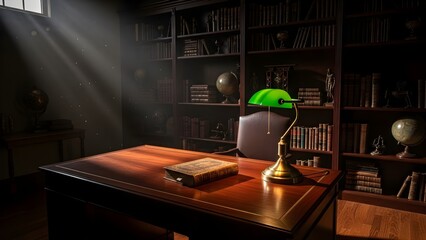 A mahogany desk sits in a wood paneled office with bookshelves.