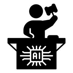 AI Judge or Auctioneer with Gavel Glyph Icon | Figure with Gavel over a Bench Displaying an AI Chip, Representing Automation in Law, Decision-Making, or Technology-Driven Bidding