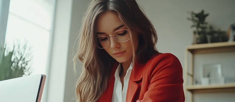 A young woman with long brown hair wearing glasses and a red blazer is seen from the shoulders up, focused intently on a laptop.  She appears to be working or studying in a bright,  - Powered by Adobe