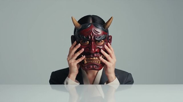 model holding an oni mask in front of their face as they slowly reveal it or bring it closer to the camera, dynamic portrait for setsubun
