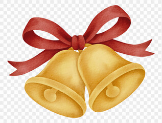 Watercolor Christmas bells illustration with ribbon for festive decoration. Vector.