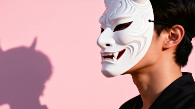 person wearing white oni mask standing against pastel pink background, soft shadows, relaxed posture, perfect for setsubun festival concept