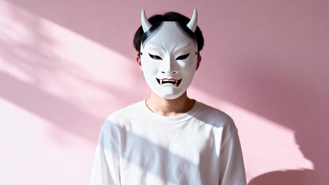 person wearing white oni mask standing against pastel pink background, soft shadows, relaxed posture, perfect for setsubun festival concept