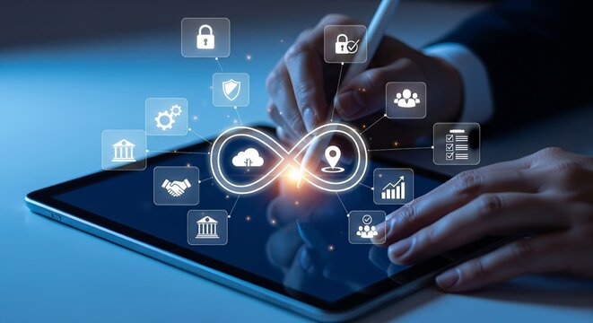Continuous Integration Infinity Loop with Security Padlock, Shield and Automation Gears