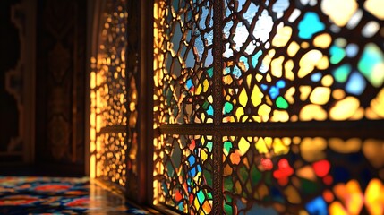 Closeup of intricate stained glass window with colorful geometric pattern casting warm light indoors, showcasing traditional architectural detail