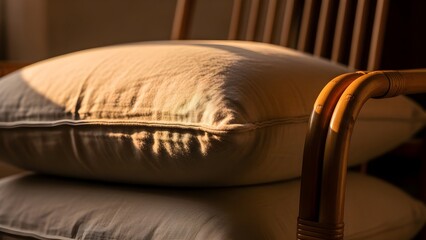 A soft cushion on a wooden chair is bathed in warm golden afternoon sunlight.