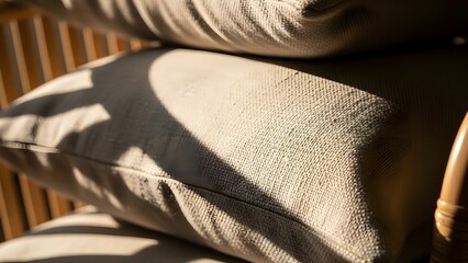 A close up shot of some cushions sitting on a chair with sunlight and shadows.