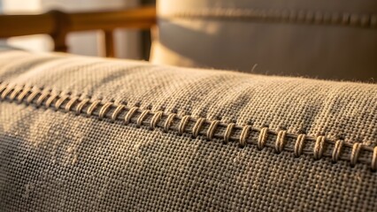A closeup shot shows the texture of a tan upholstered cushion with a distinct stitched seam.