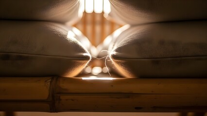 Close up of sunlight streaming through cushions on a bamboo frame.