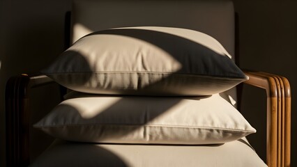 Two beige pillows stacked on a modern chair are illuminated by warm afternoon sunlight creating artistic shadows.