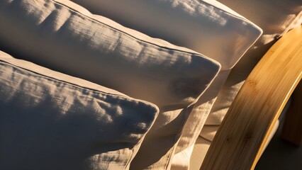 Cozy lightcolored cushions on a wooden chair are bathed in warm natural sunlight.
