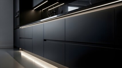Modern dark grey kitchen cabinets with subtle LED strip lighting.