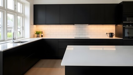 A sleek modern kitchen features black cabinetry white countertops and subway tile backsplash under bright natural light.