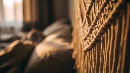 A close up of macrame wall art next to a bed bathed in warm sunlight.