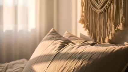 Warm sunlight illuminates a bed with pillows and a macrame wall hanging.