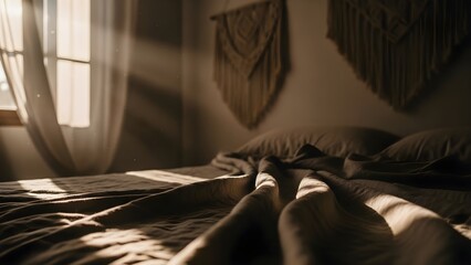 Morning sunbeams filter through a window casting warm light on a cozy unmade bed in a peaceful bedroom.