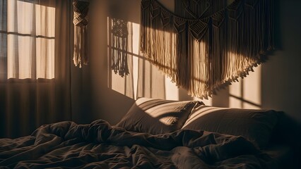 Warm sunlight streams into a cozy bedroom with a comfortable bed.