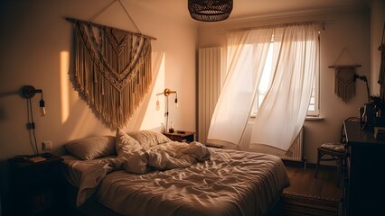 Sunlit bedroom with bed macrame wall hanging and sheer curtains blowing in the breeze.