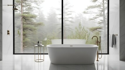 Modern bathroom featuring a freestanding tub and brass fixtures offering a serene view of a foggy pine forest through a large window.