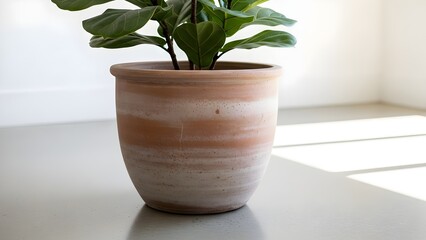 Fiddle leaf fig in a terracotta pot on a white floor.