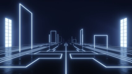 Futuristic cyberspace with neon light, Abstract architecture with empty dark space, Sci-fi tunnel scene, 3d rendering