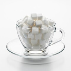 Glass Cup Filled with White Sugar Cubes on White Background