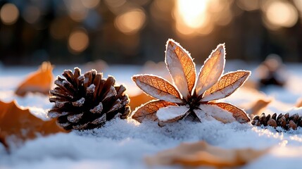 Close-up of a pine cone and leaf covered in snow, with a blurred background and sunlight shining through.