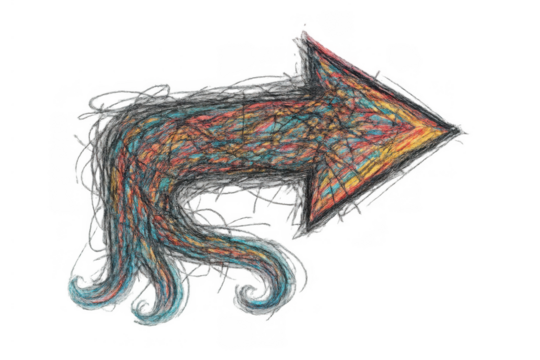 Hand-drawn colorful arrow pointing right expressing direction, movement, and a creative decision path