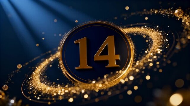 elegant rotating julian calendar number 14, glowing gold particles swirling around on a deep navy background, orthodox new year concept