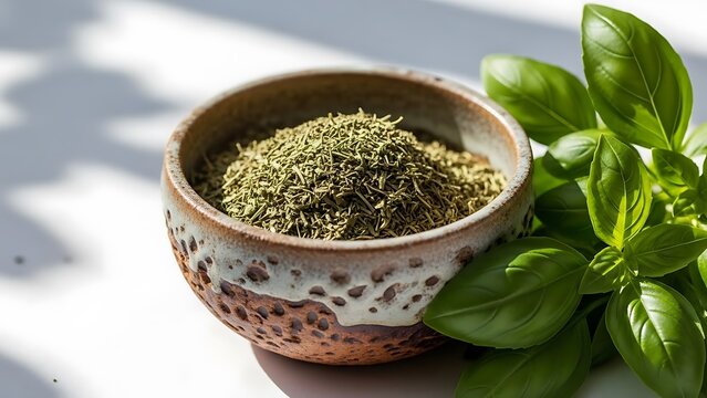 Dried oregano in ceramic bowl with fresh basil leaves - Powered by Adobe
