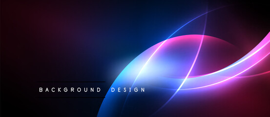 Abstract neon lines create dynamic flow. Dark background emphasizes vibrant blue, pink, purple gradients. Modern design element.