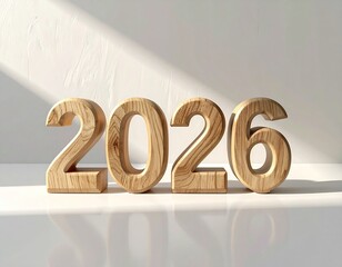 Clean AI-generated 3D render of the year 2026, crafted from soft, rounded light oak wooden blocks. A minimalist design with subtle shadows on a pristine white background, perfect for New Year themes.