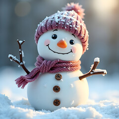 Cute Snowman with Pink Hat and Scarf &ndash; Winter Holiday Illustration