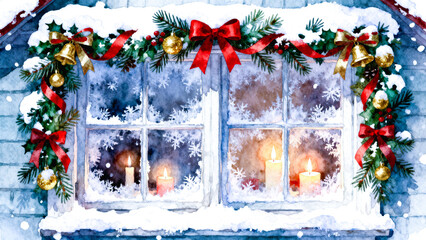 Christmas window decorated with snow, candles, and festive garlands