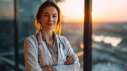 Professional female doctor portrait by window at sunset with stethoscope in a modern clinic setting today