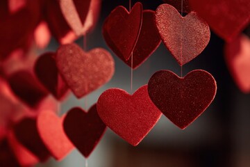 Red glitter heart ornaments hang as romantic festive decor, creating a warm Valentines mood