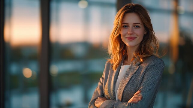 Professional woman in blazer at sunset posing for a business portrait outside office