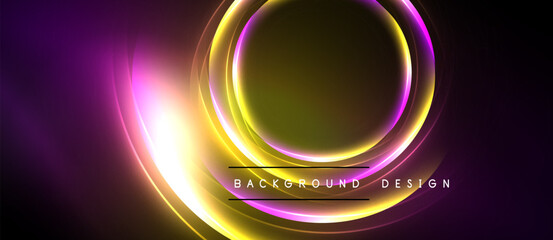 Abstract neon circles, vibrant purple, gold hues. Dark background creates dramatic visual effect. Modern design element.