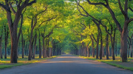 Naklejka premium Sunlight streams through a tree-lined avenue.