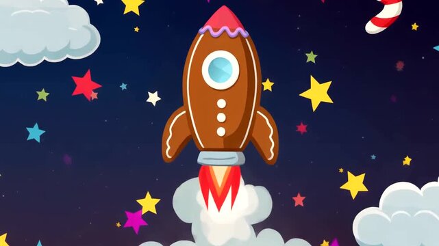 Christmas gingerbread rocket flying in space. Featuring stars, clouds, and candy cane. Festive holiday vector illustration for children and winter greeting cards.
