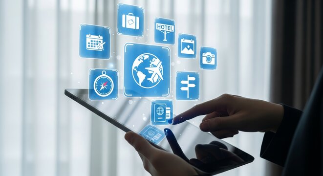 Tablet Travel Booking Interface with Globe Airplane Icon and Floating Luggage, Hotel Icons
