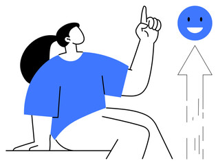 Woman sitting with raised hand pointing upward toward a happy face and arrow. Ideal for optimism, motivation, success, improvement, personal growth, positivity, progress. Simple flat metaphor
