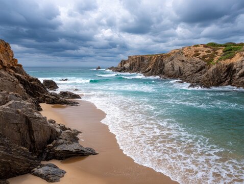 Coastal beach scene shows rocks sea sand and overcast sky