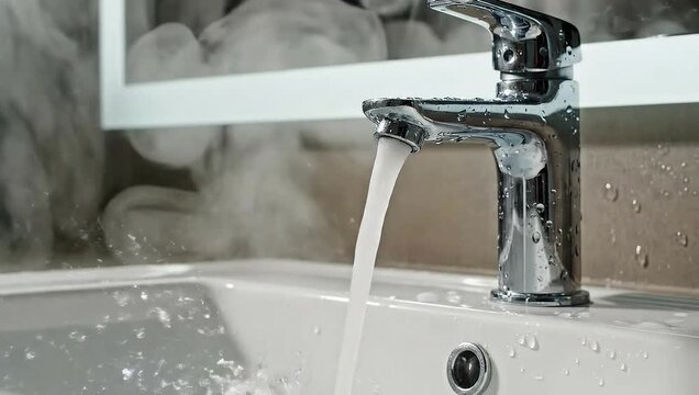 Hot water flowing from modern bathroom faucet with visible steam and splashes creating clean hygiene and daily home routine atmosphere
