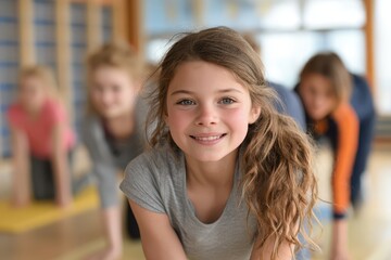 Cheerful schoolgirl stretching during a lively physical education class, looking directly at the camera in a bright gym