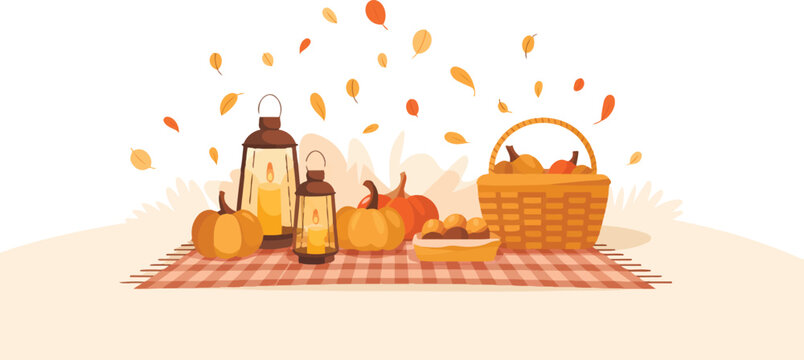Autumn picnic scene featuring pumpkins and vintage lanterns on red checkered blanket with wicker basket and falling leaves pixel art vector illustration for thanksgiving design