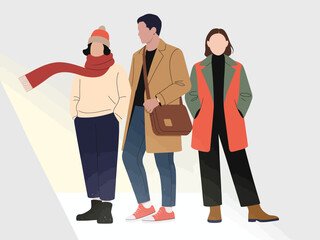 This stylish trio of people dressed in casual yet fashionable outfits captures urban coolness, highlighting modern fashion trends and the spirit of contemporary street style.