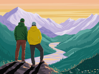 Two individuals stand atop a mountain peak, gazing at a breathtaking sunset over a serene river, symbolizing friendship, adventure, and the beauty of nature.