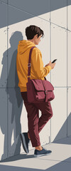 A young man casually leans against a wall while using his smartphone, reflecting modern communication trends and the significance of technology in everyday life.
